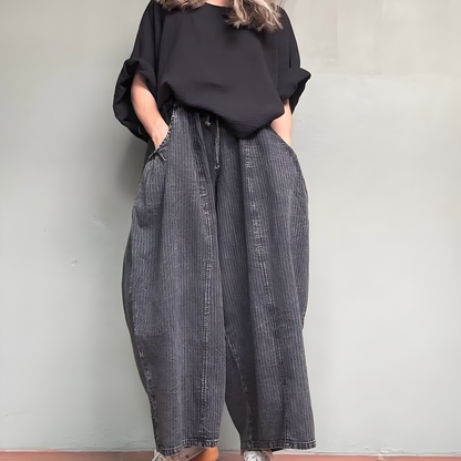 Bomullsbyxor med repmönster- Jessica EN KVAR (SVART)