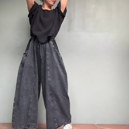 Bomullsbyxor med repmönster- Jessica EN KVAR (SVART)