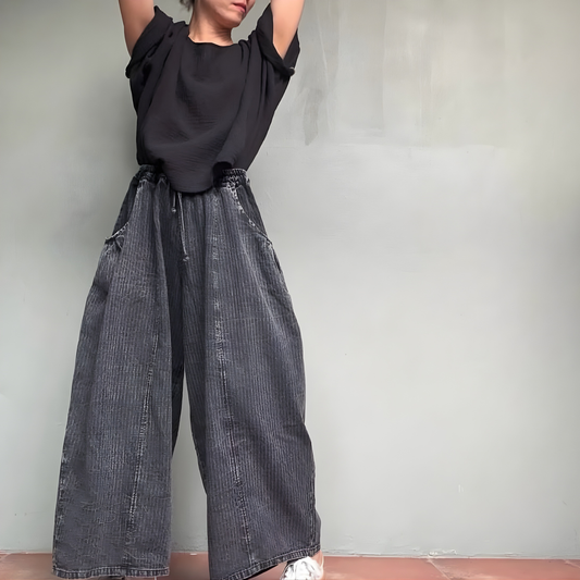 Bomullsbyxor med repmönster- Jessica EN KVAR (SVART)