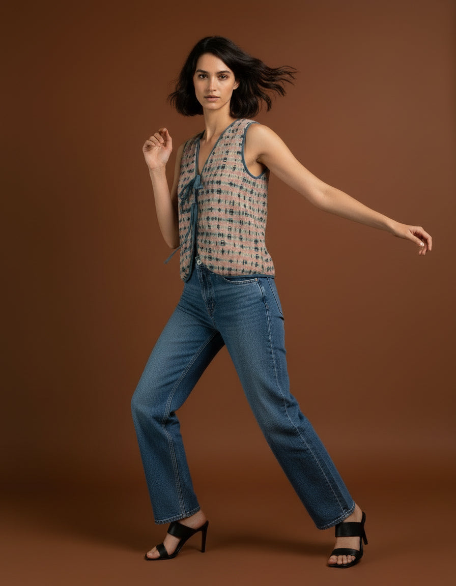 Linnevest med knytband- Shiborifärgad