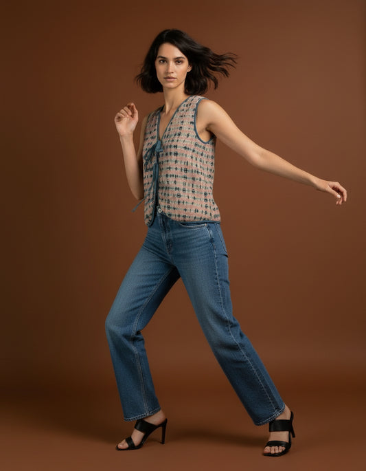 Linnevest med knytband- Shiborifärgad